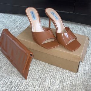 Steve Madden Signal Cognac Patent Shoes + Clutch